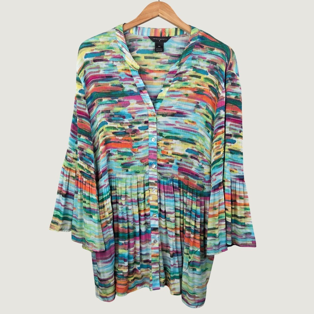 Investments Tunic Blouse Women 2X Multicolor Pleated Button Up Bell Sleeve Artsy - Picture 2 of 11